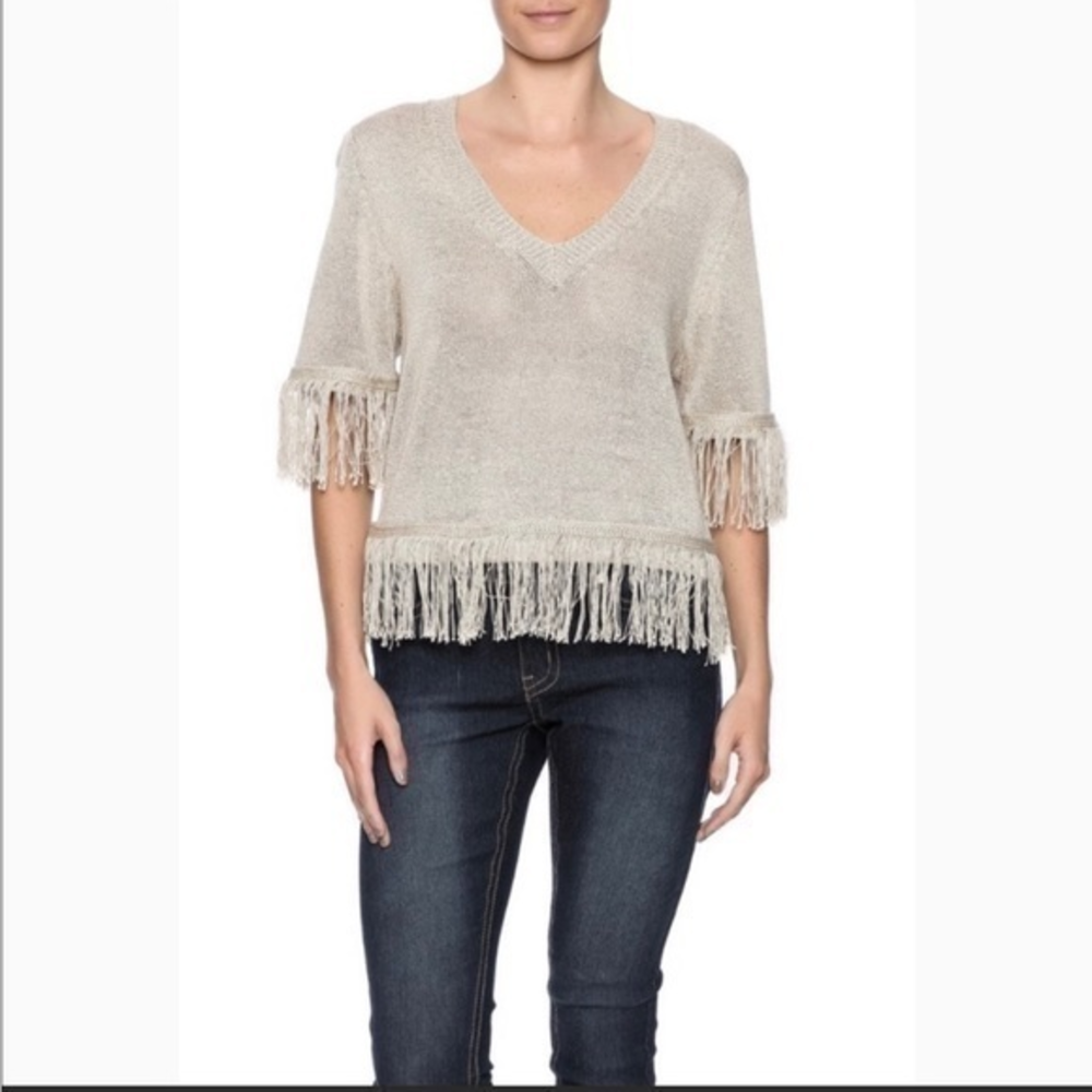 Bishop + Young Metallic Gold Fringe V-Neck Short Sleeve Knit Sweater  Small #190